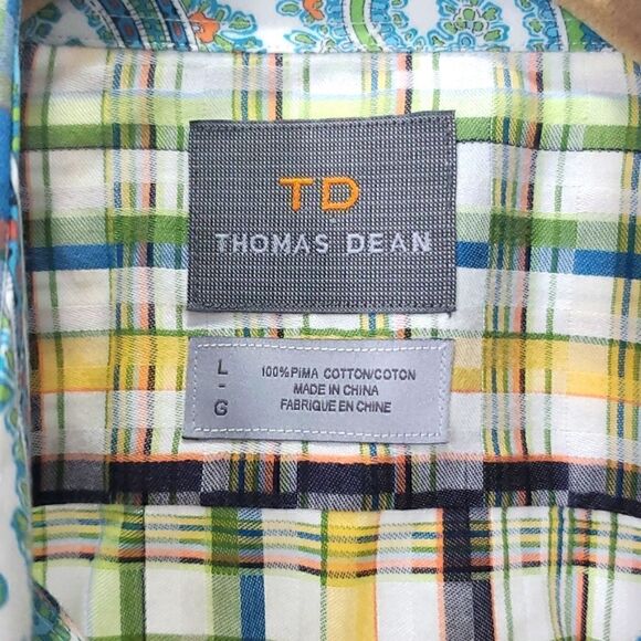 Thomas Dean Size L Button Down Cotton Checked Shirt, with Paisley Trim - Picture 2 of 6